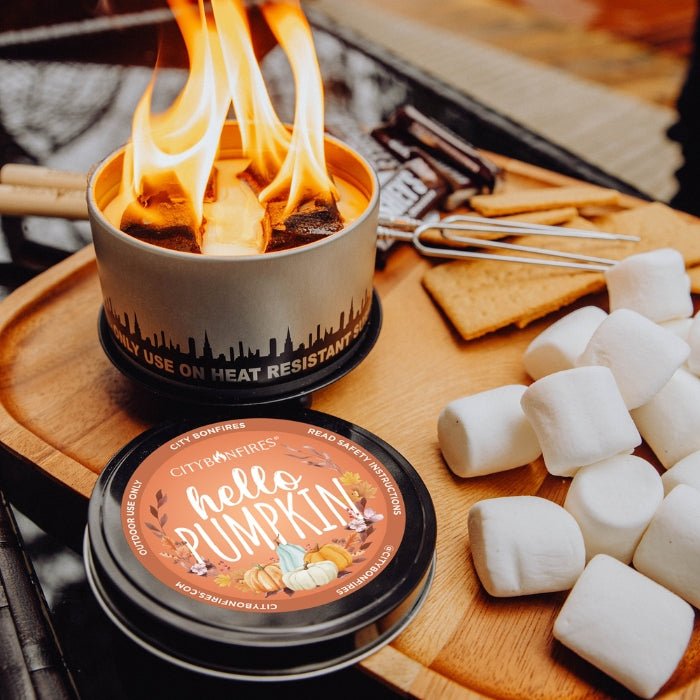 City Bonfire Fall Edition outdoor fire pit with Hello Pumpkin label and marshmallows nearby on Tampa Home & Garden Store