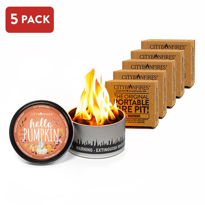 City Bonfires portable fire pit 5-pack with Hello Pumpkin lid fall edition on Tampa Home & Garden Store