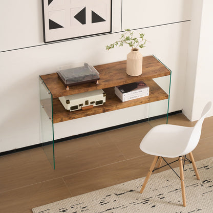 Light Brown Side Table with Tempered Glass Top