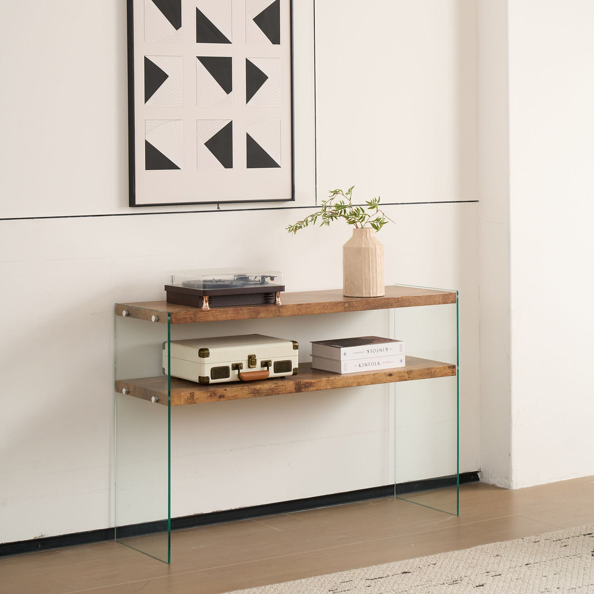 Light Brown Side Table with Tempered Glass Top