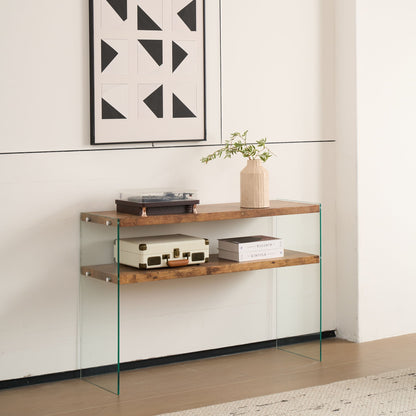 Light Brown Side Table with Tempered Glass Top