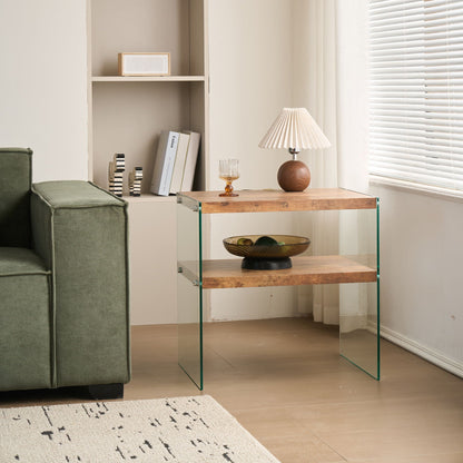 Light Brown Side Table with Tempered Glass Top