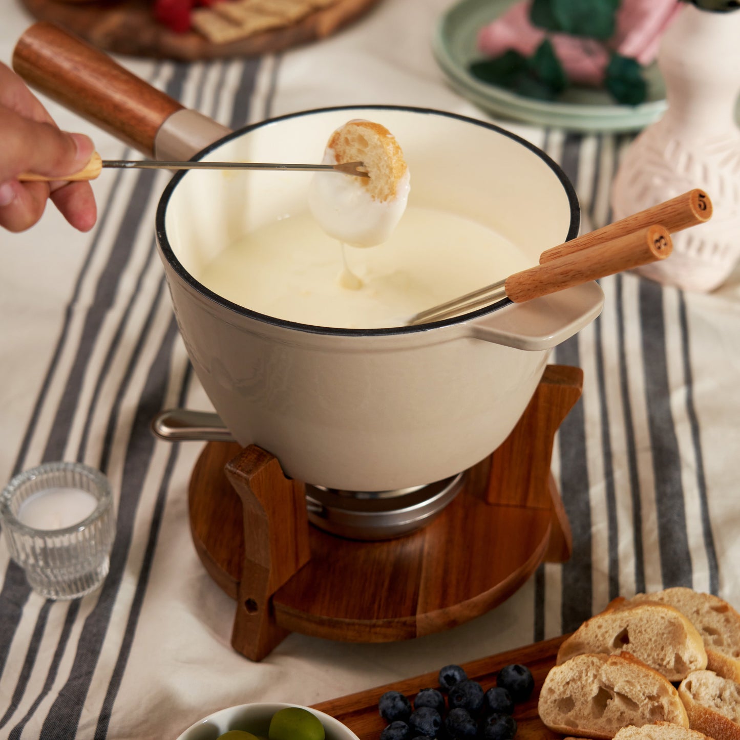Wood and Cast Iron Fondue Set with Burner