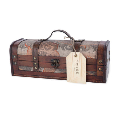 Old World Wooden Wine Box by Twine Living with map-print exterior dark wood brass hardware on Tampa Home & Garden Store