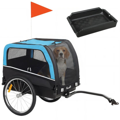 Dog bike trailer Furr Baby Gifts, blue canopy, 20in air tires, mesh sides, flag on Tampa Home & Garden Store