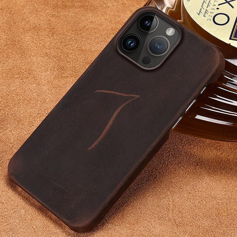 Stevvex brown genuine leather iPhone case with slim bumper and embossed 7 motif on Tampa Home & Garden Store