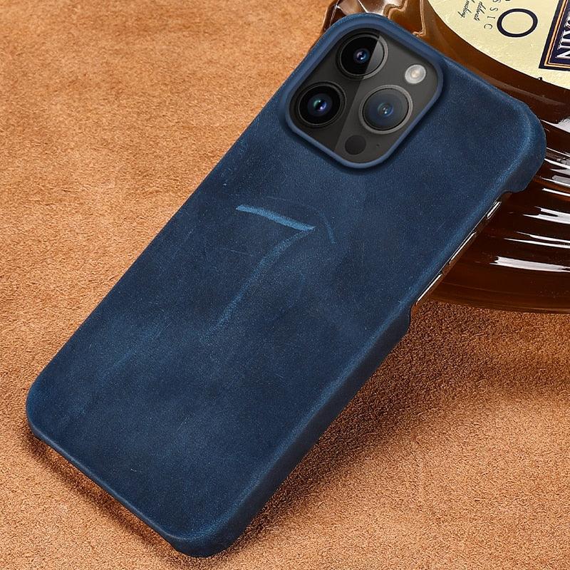 Genuine leather navy blue phone case for iPhone with camera cutout, slim back cover on Tampa Home & Garden Store