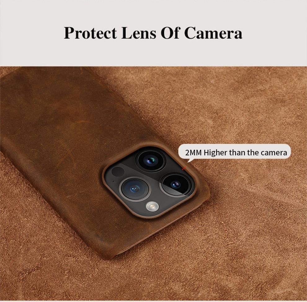 Stevvex brown leather iPhone case with bumper and triple-camera cutout on brown surface on Tampa Home & Garden Store