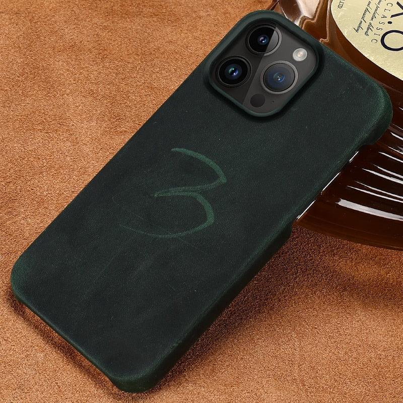 Genuine leather iPhone case with dark green back, slim bumper and triple-camera cutout on Tampa Home & Garden Store