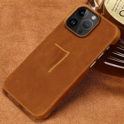 Stevvex brown genuine leather iPhone case with slim bumper, camera cutout visible on Tampa Home & Garden Store