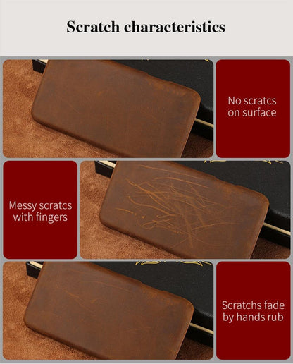 Stevvex brown genuine leather iPhone case with slim back cover in scratch-test collage on Tampa Home & Garden Store