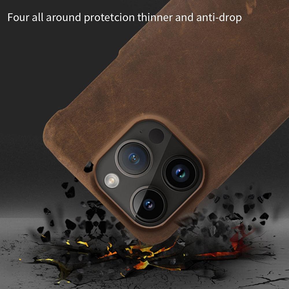 Stevvex brown genuine leather iPhone case with slim back cover and protective bumper for camera on Tampa Home & Garden Store
