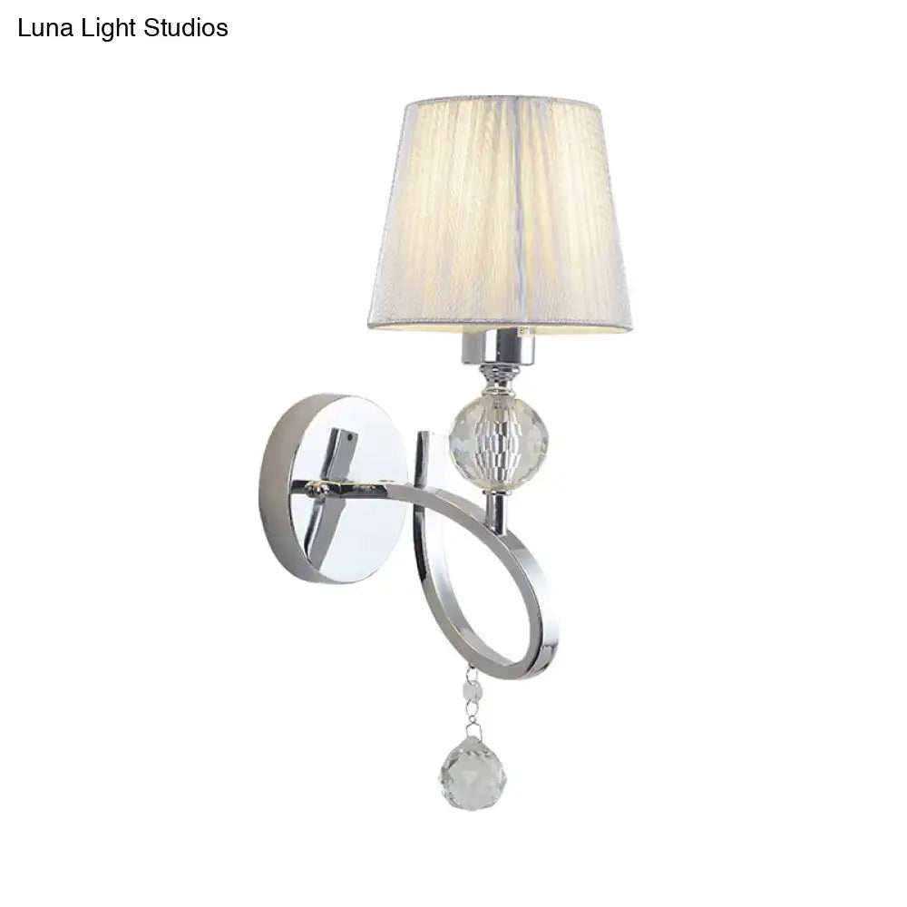 Chrome crystal wall lamp sconce with fabric shade, round backplate, and hanging crystal drop on Tampa Home & Garden Store