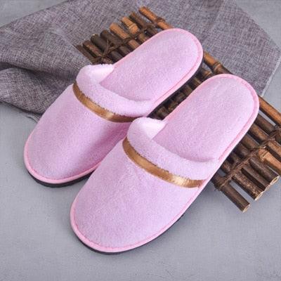 Pink plush slip-on slippers with metallic gold band by Stevvex, women's indoor outdoor slippers on Tampa Home & Garden Store