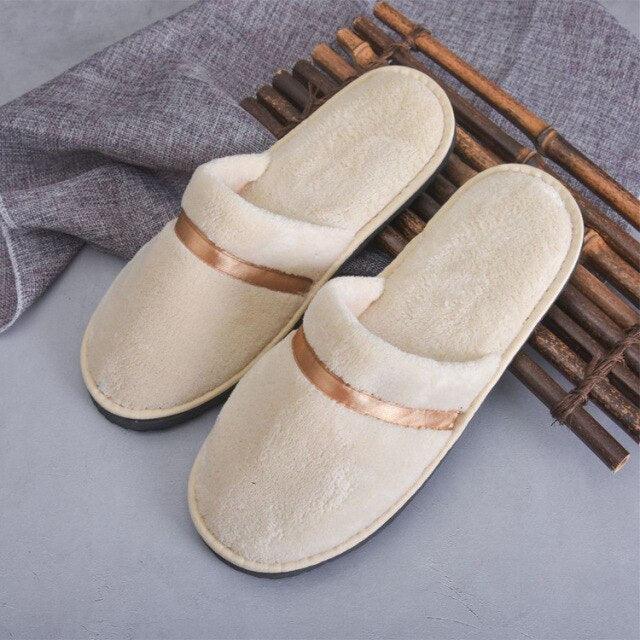 Stevvex Classic Plush Slippers pair in cream with faux fur lining and copper-tone band on Tampa Home & Garden Store