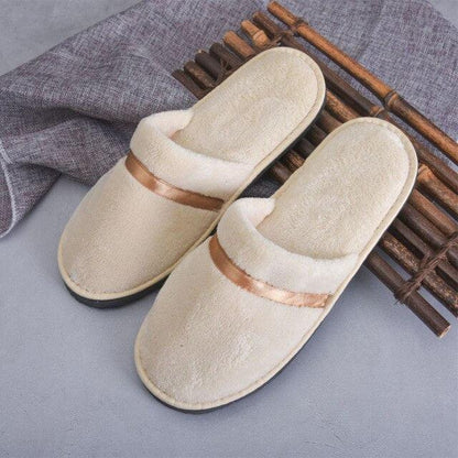 Stevvex Classic Plush Slippers pair in cream with faux fur lining and copper-tone band on Tampa Home & Garden Store