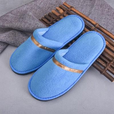 Stevvex blue plush women's slippers with gold band, slip-on indoor outdoor on Tampa Home & Garden Store