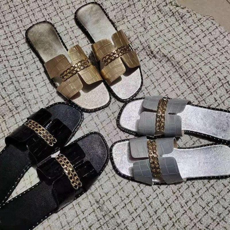 Stevvex women double chain flat sandals; four pairs in black beige gray with metallic straps on Tampa Home & Garden Store