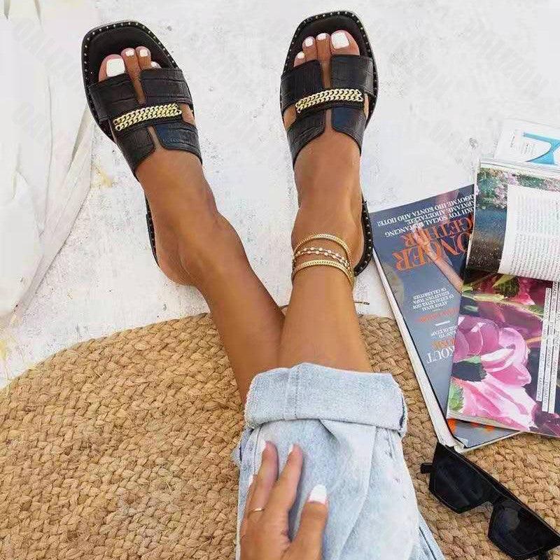 Stevvex women flat sandals with double chain straps, black faux leather on Tampa Home & Garden Store