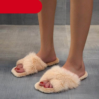 Fluffy beige fur slide sandals for women casual beach wear on Tampa Home & Garden Store