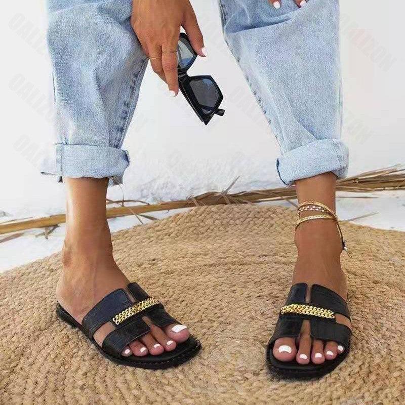 Stevvex women flat sandals double chain black straps casual beach footwear on Tampa Home & Garden Store