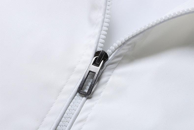 Stevvex white windbreaker zipper closeup, lightweight solid-color men's casual jacket on Tampa Home & Garden Store