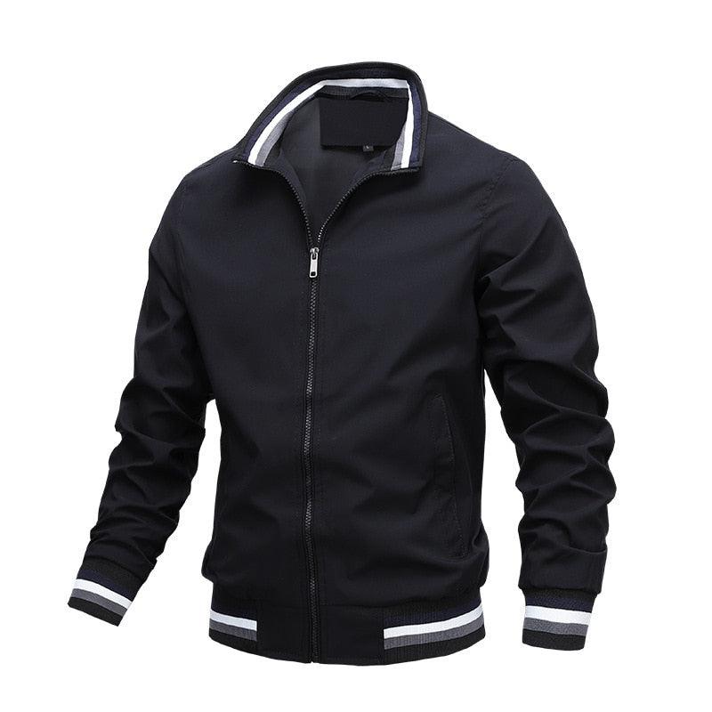 Men's black windbreaker jacket by Stevvex with zip front and striped cuffs and hem on Tampa Home & Garden Store