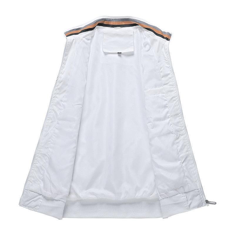 Stevvex men's white windbreaker jacket, lightweight solid color with interior lining visible on Tampa Home & Garden Store