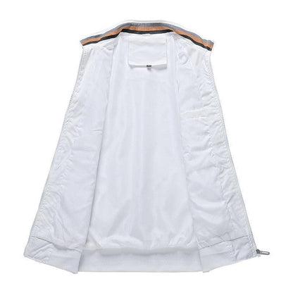 Stevvex men's white windbreaker jacket, lightweight solid color with interior lining visible on Tampa Home & Garden Store