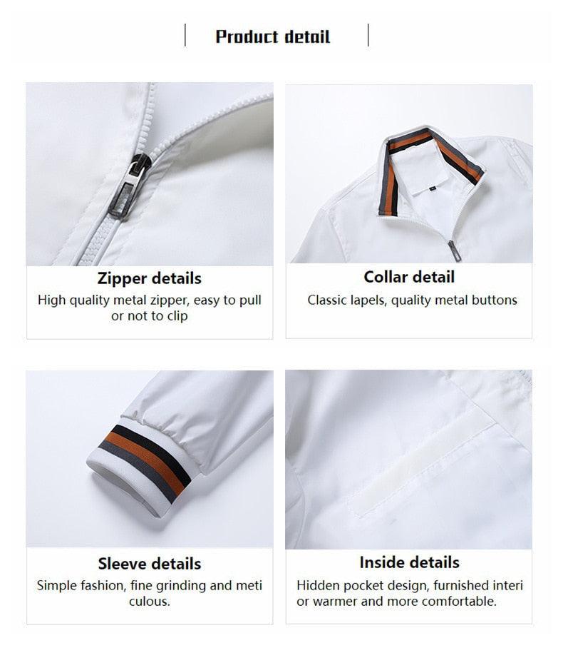 Stevvex white windbreaker jacket with metal zipper, striped collar and cuff, inner pocket detail on Tampa Home & Garden Store