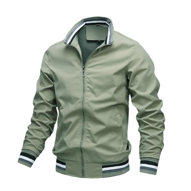 Men's windbreaker jacket olive green lightweight zip-front with striped cuffs and hem on Tampa Home & Garden Store