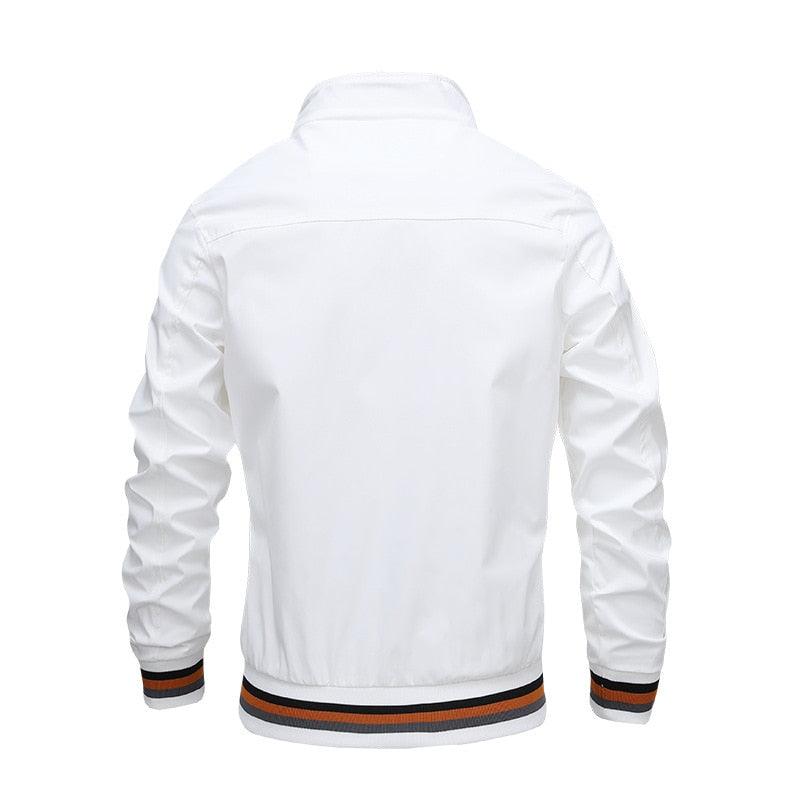 White windbreaker jacket back view with ribbed striped cuffs and hem in black orange on Tampa Home & Garden Store