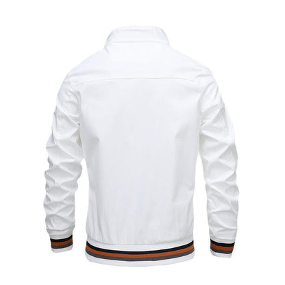 White windbreaker jacket back view with ribbed striped cuffs and hem in black orange on Tampa Home & Garden Store