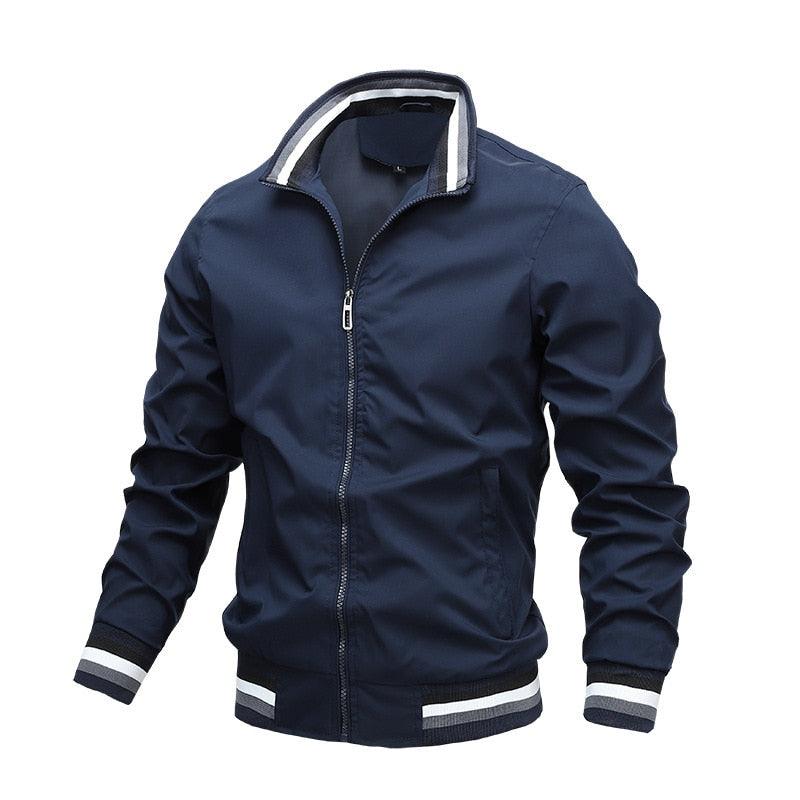 Stevvex navy windbreaker jacket with striped cuffs and hem, lightweight casual outerwear on Tampa Home & Garden Store