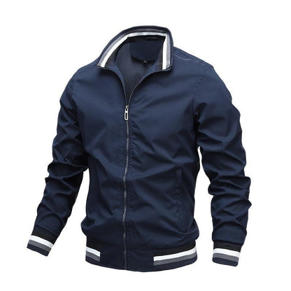 Stevvex navy windbreaker jacket with striped cuffs and hem, lightweight casual outerwear on Tampa Home & Garden Store