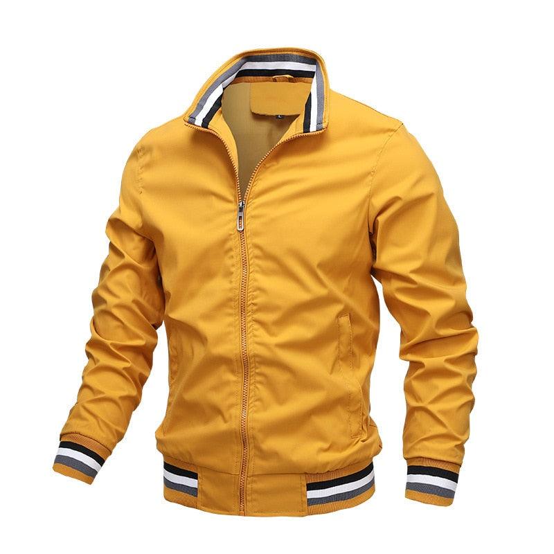 Stevvex yellow windbreaker jacket with striped cuffs and collar, lightweight casual on Tampa Home & Garden Store
