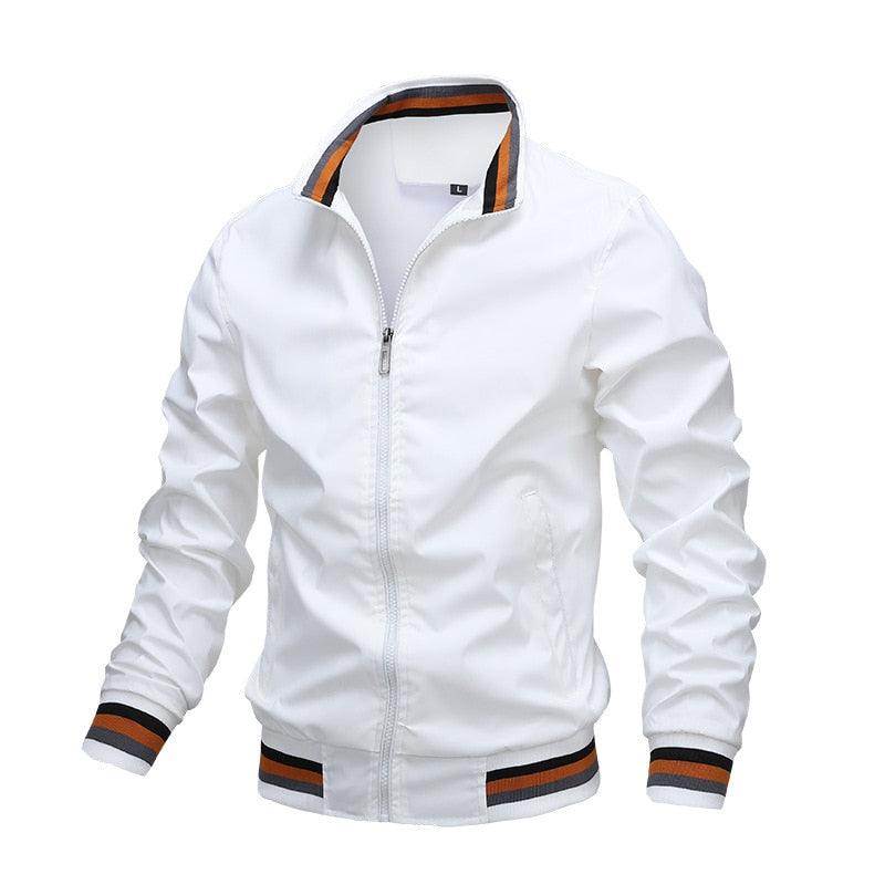 Stevvex white men's windbreaker jacket with orange and black striped cuffs and collar on Tampa Home & Garden Store