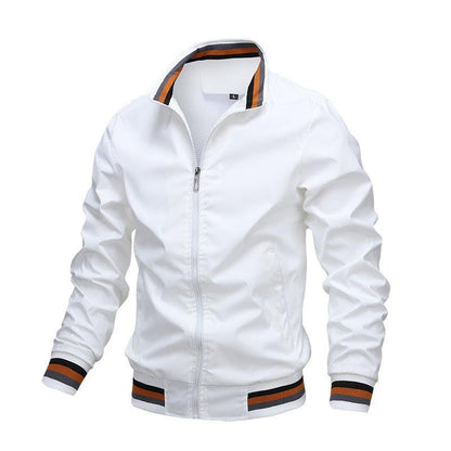 Stevvex white men's windbreaker jacket with orange and black striped cuffs and collar on Tampa Home & Garden Store