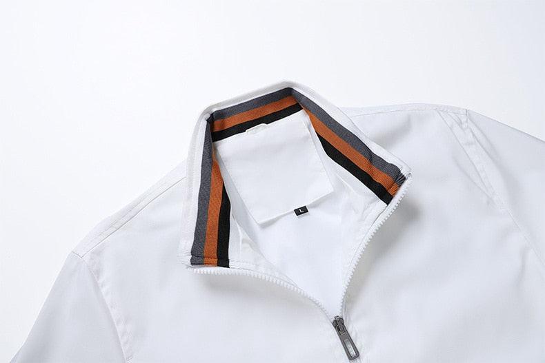 Stevvex white windbreaker jacket lightweight casual slim fit striped collar tape on Tampa Home & Garden Store