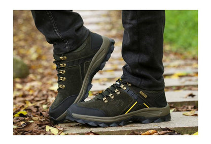 Stevvex men's genuine leather hiking boots green with metal eyelets and rugged outsole on Tampa Home & Garden Store