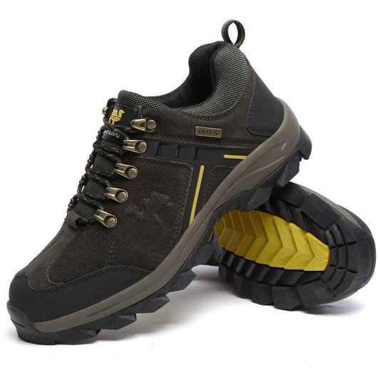 Stevvex leather hiking boots dark brown high-top with rugged anti-slip tread and yellow accents on Tampa Home & Garden Store