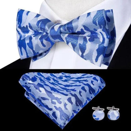 Stevvex blue camouflage silk bow tie with matching pocket square and cufflinks set on Tampa Home & Garden Store