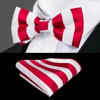 Bow tie and pocket square set by Stevvex in red and white striped silk for men on Tampa Home & Garden Store