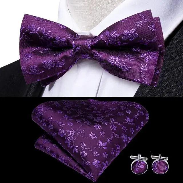 Bow tie set Stevvex 3-piece purple floral silk with pocket square and cufflinks on Tampa Home & Garden Store
