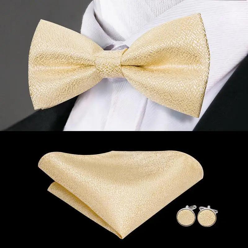 Stevvex silk bow tie set with pocket square and cufflinks, golden beige color on Tampa Home & Garden Store