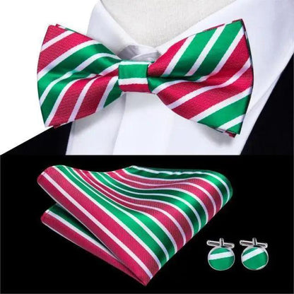 Silk bow tie set in green and pink stripes with pocket square and cufflinks on Tampa Home & Garden Store