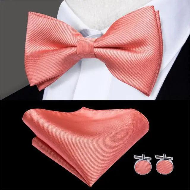 Coral pink silk bow tie set with pocket square and cufflinks on Tampa Home & Garden Store