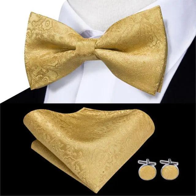 Gold silk bow tie with matching pocket square and cufflinks set for men by Stevvex on Tampa Home & Garden Store