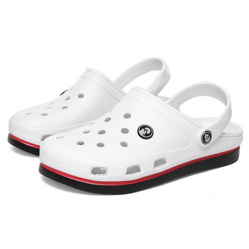 Stevvex white clogs pair with ventilation holes and ankle strap, anti-slip black sole on Tampa Home & Garden Store