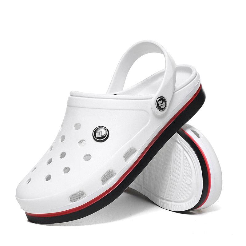 Stevvex white clogs with ankle strap, breathable beach slippers red/black sole on Tampa Home & Garden Store